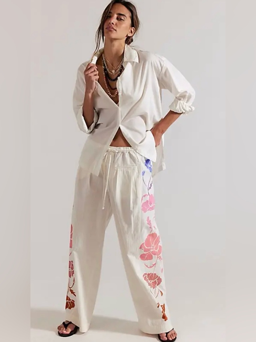 Free People Ivory Floral Border Wide Leg Pants Size L NWT